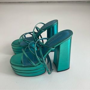 Blue metallic platform chunky heels